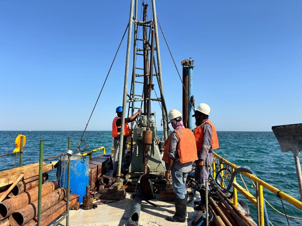 QEL team conducting offshore geotechnical drilling from a marine platform